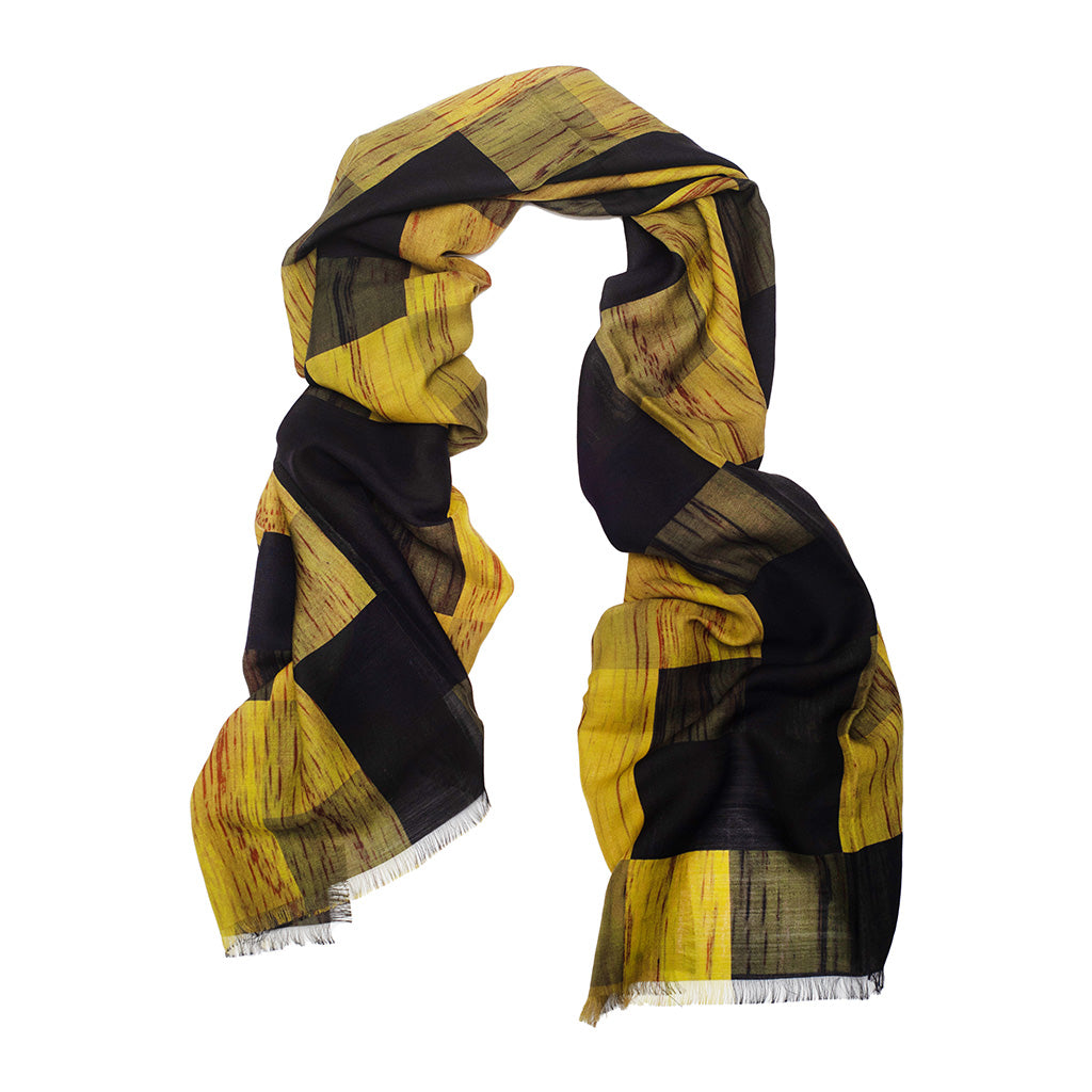 Indigo Chartreuse Parquet Silk Wool Scarf