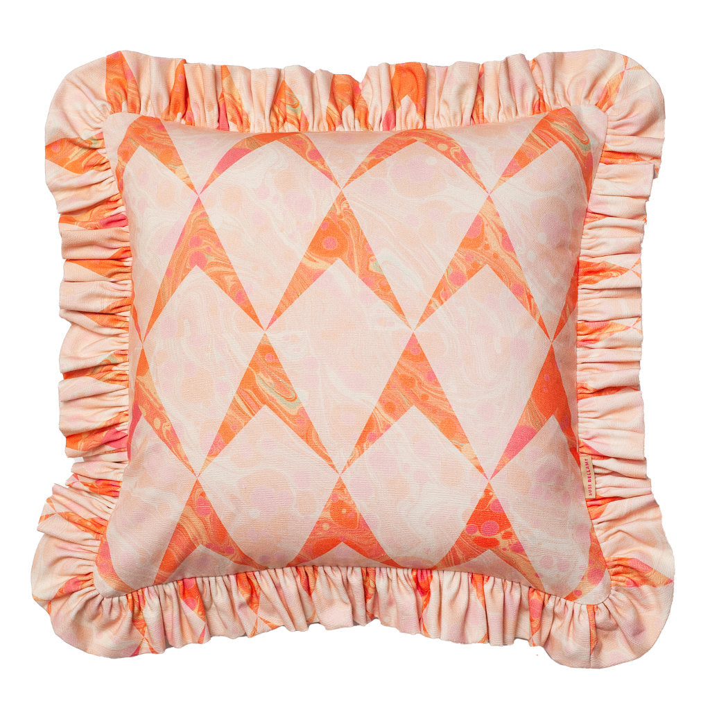 Ruffled Peach Marbled Chevron Cotton Cushion