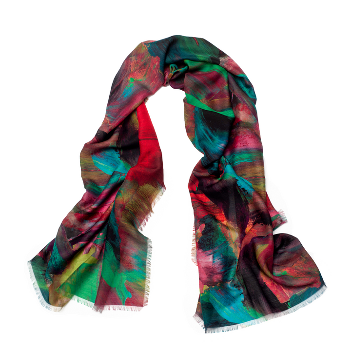Emerald Painterly Silk Wool Scarf