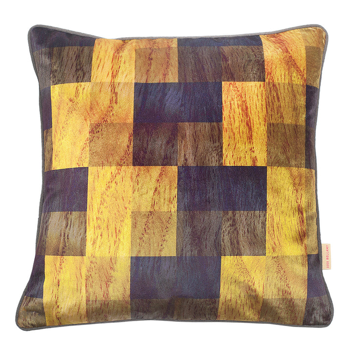 mustard and navy velvet cushion