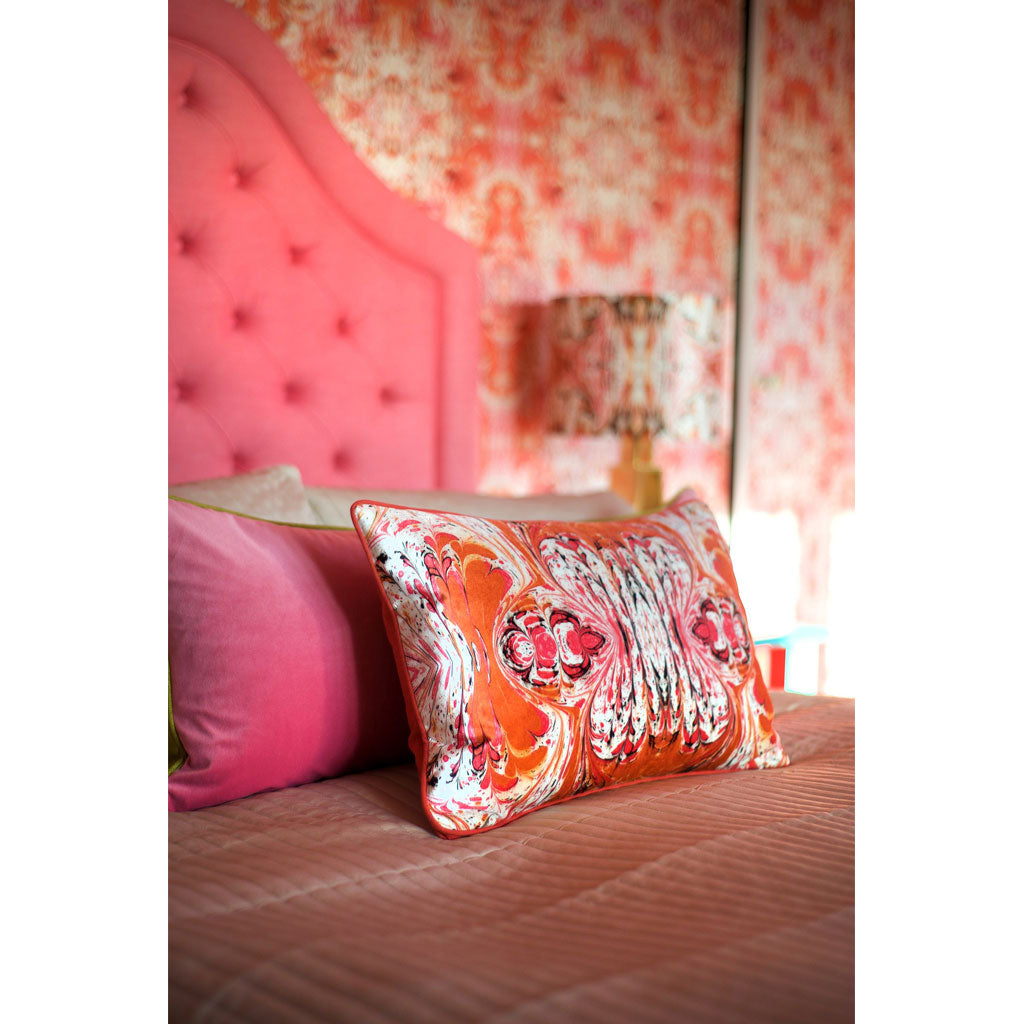 Orange Feathered Kaleidoscope Marbled Velvet Medium Oblong Cushion