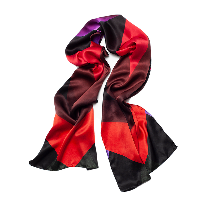 Burgundy Grid Blocks Silk Satin Scarf