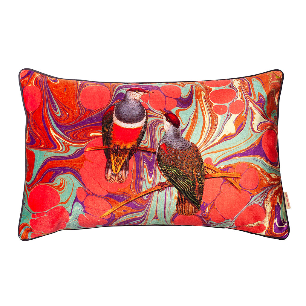 Orange Swirl Birds Collage Velvet Large Oblong Cushion