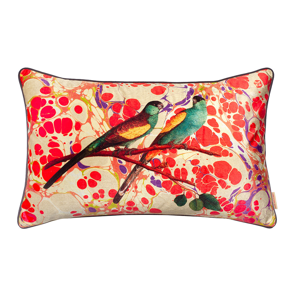 Marbled Love Birds Collage Velvet Large Oblong Cushion
