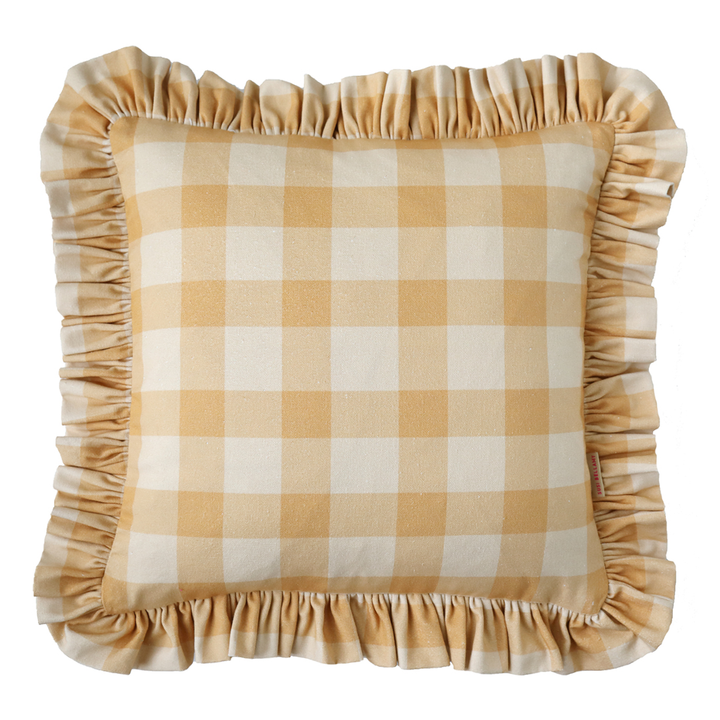 Ruffled Caramel Check Cotton Cushion