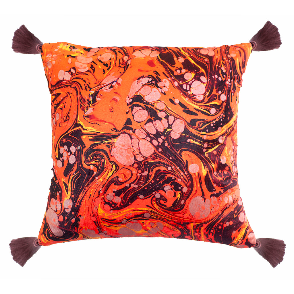 Tasseled Carnelian Marbled Velvet Small Square Cushion