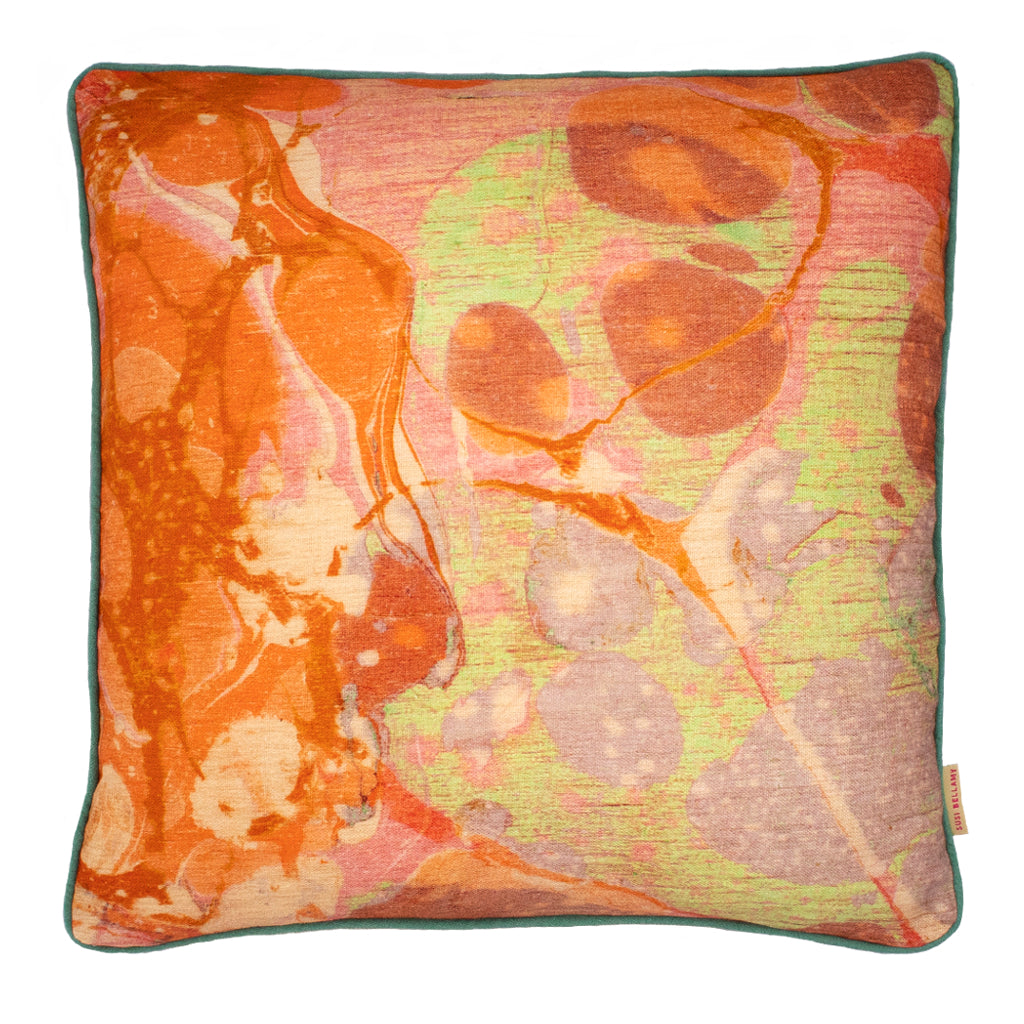 Coral Tapestry Marbled Linen Square Cushion