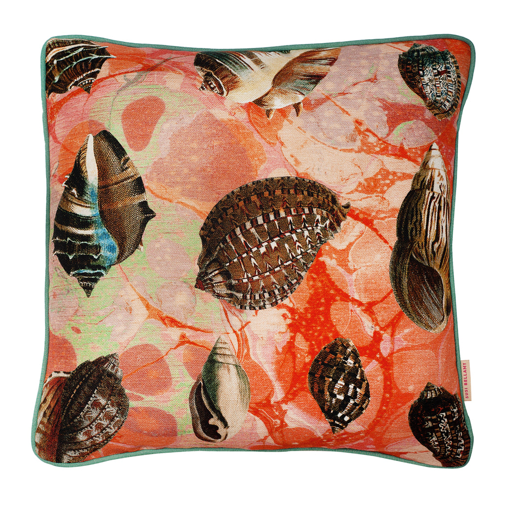 Coral Tapestry Shells Linen Small Square Cushion