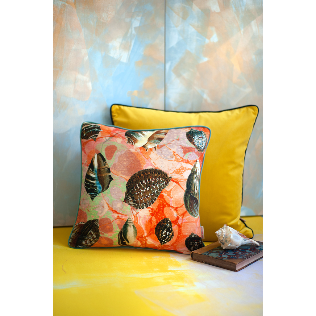 Coral Tapestry Shells Linen Small Square Cushion