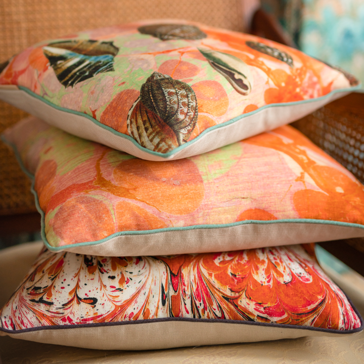 Coral Tapestry Shells Linen Square Cushion