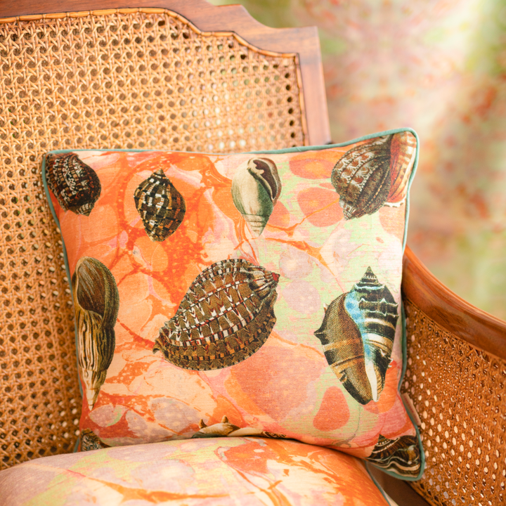 Coral Tapestry Shells Linen Square Cushion