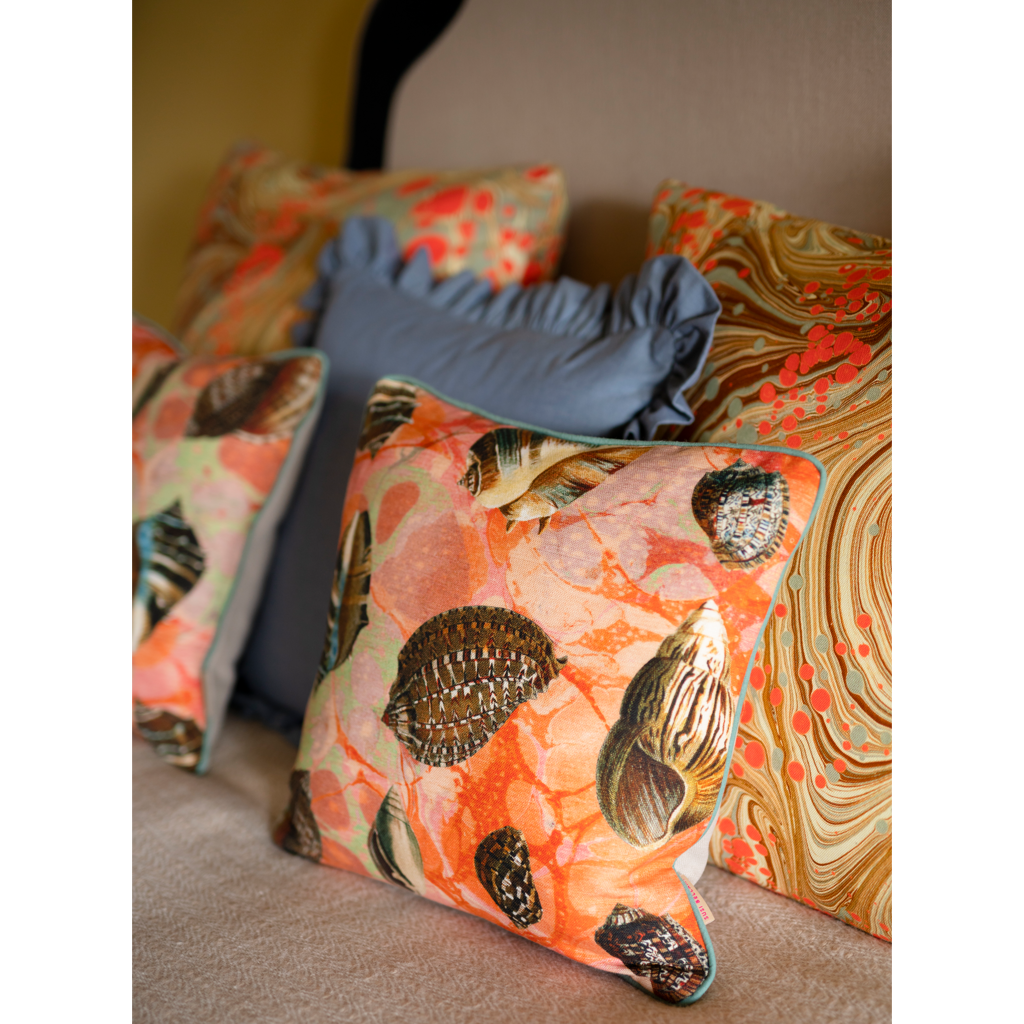 Coral Tapestry Shells Linen Square Cushion