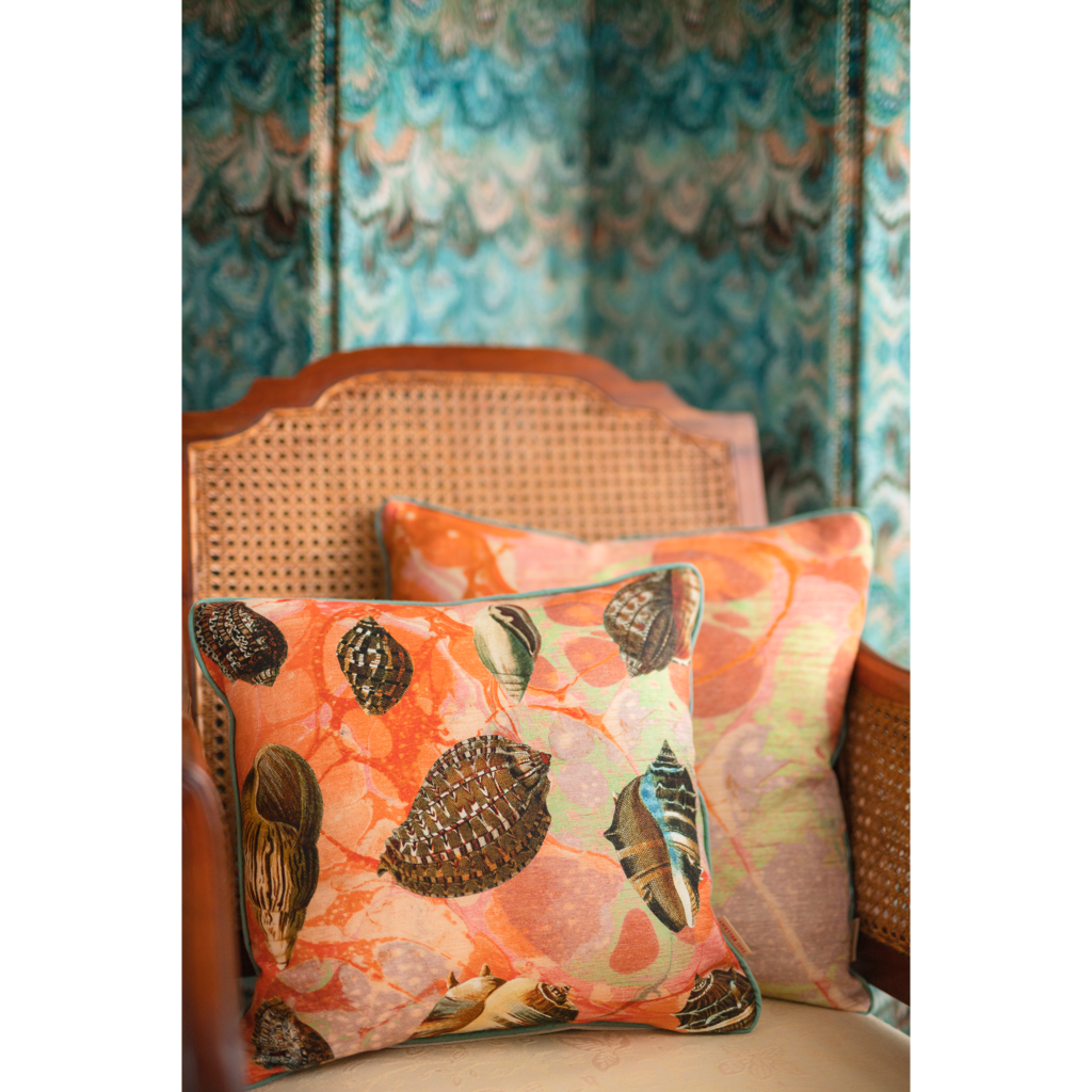 Coral Tapestry Shells Linen Square Cushion