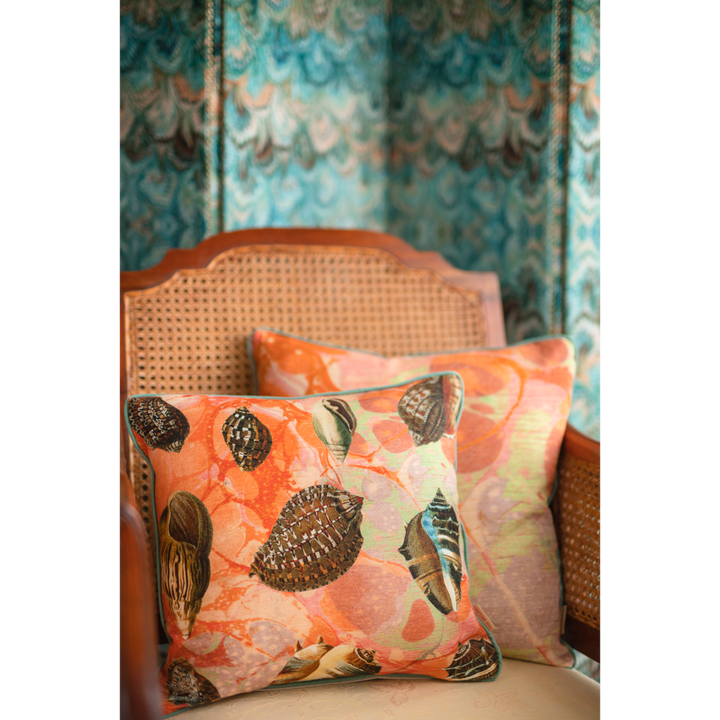 Coral Tapestry Shells Linen Square Cushion