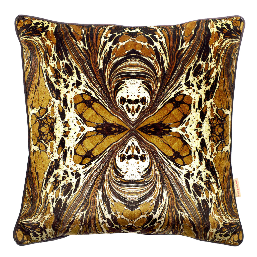 Khaki Brown Fantasy Mirror Marbled Velvet Square Cushion