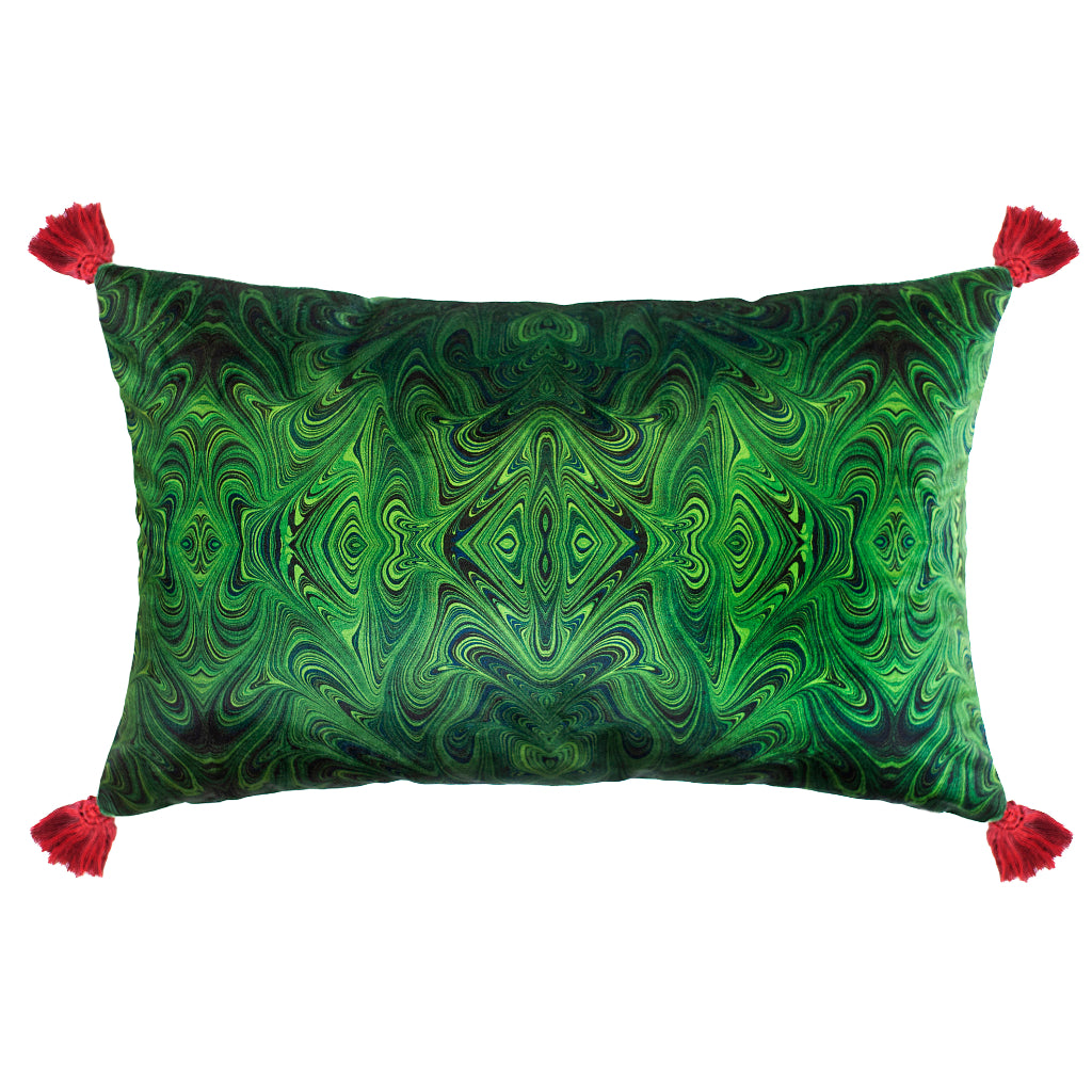 Tasselled Malachite Marbled Velvet Large Oblong Cushion