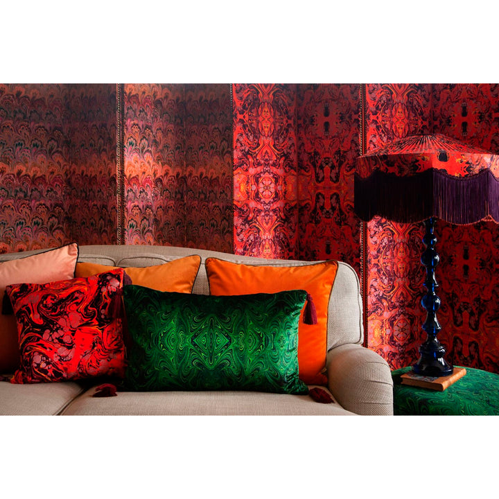 Tasseled Malachite Marbled Velvet Large Oblong Cushion