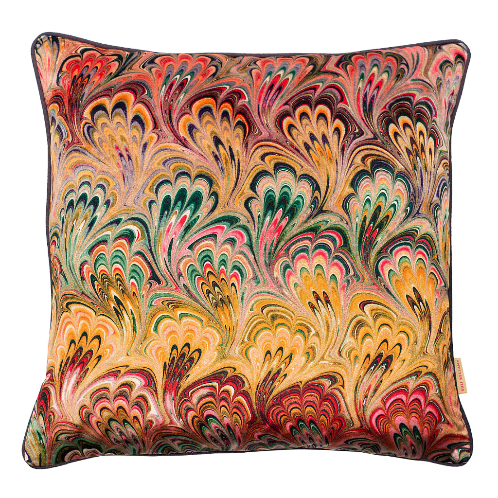 Peacock Bouquet Marbled Velvet Square Cushion