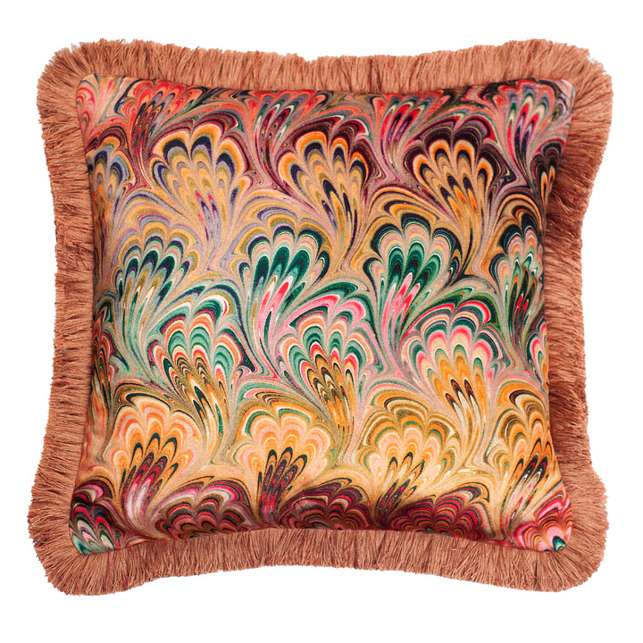Ruched Peacock Bouquet Marbled Velvet Small Square Cushion
