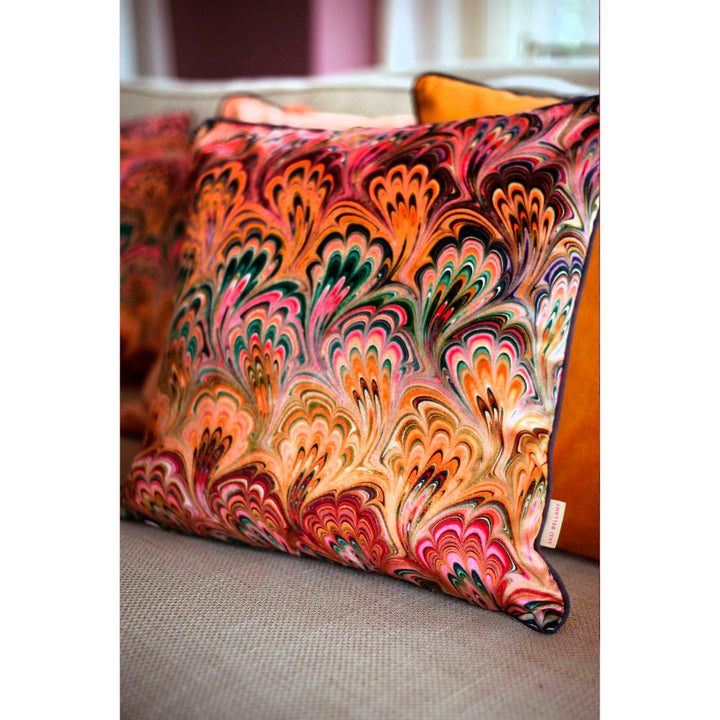 Peacock Bouquet Marbled Velvet Square Cushion