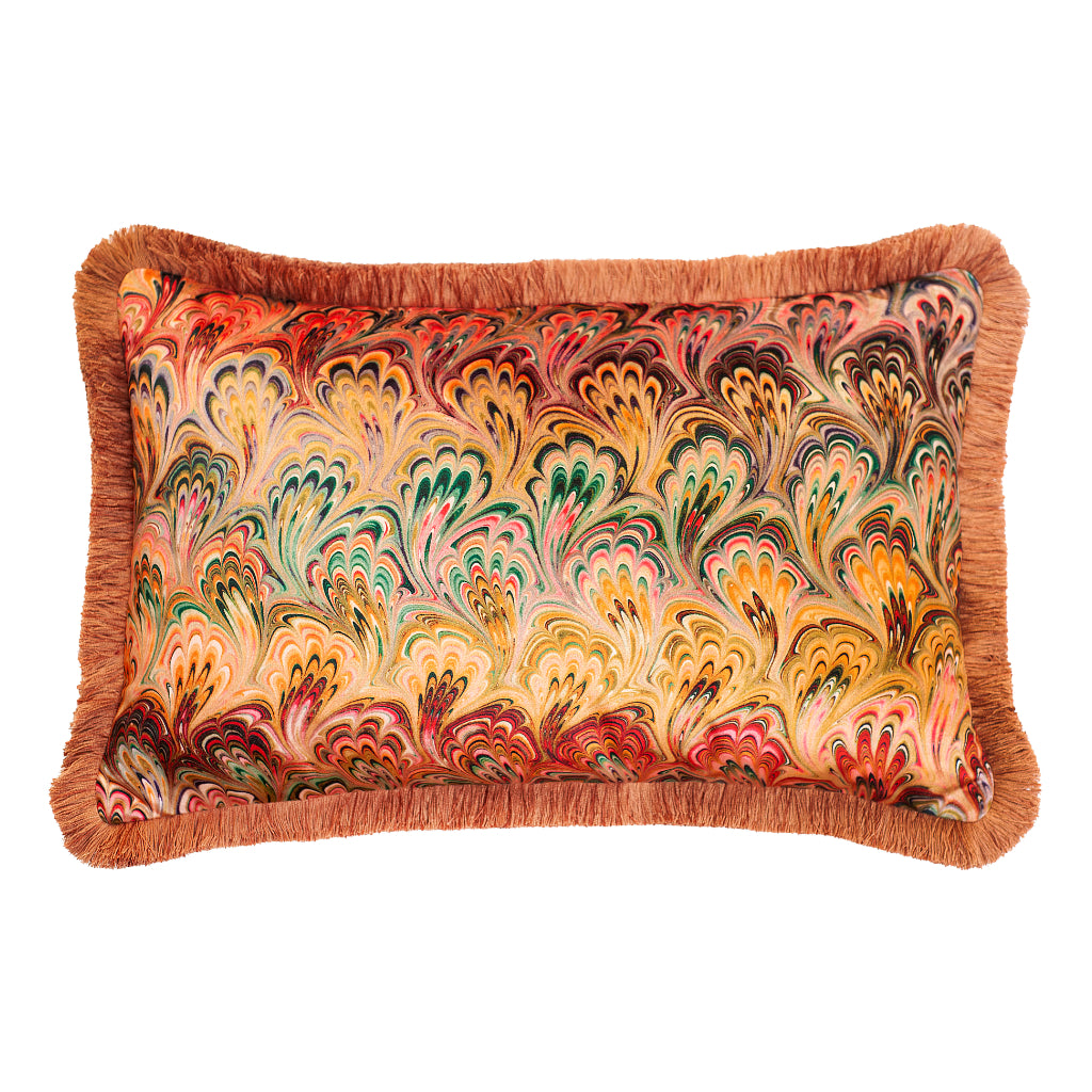 Ruched Peacock Bouquet Marbled Velvet Large Oblong Cushion