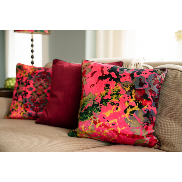 Pink Foliage Abstract Velvet Square Cushion