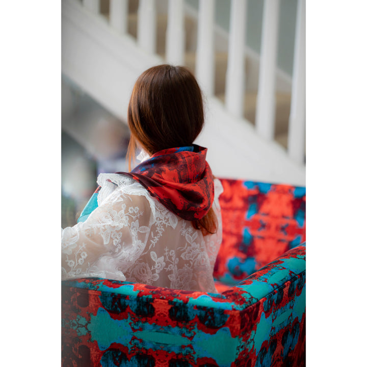 Red / Blue Geode Square Silk Satin Scarf