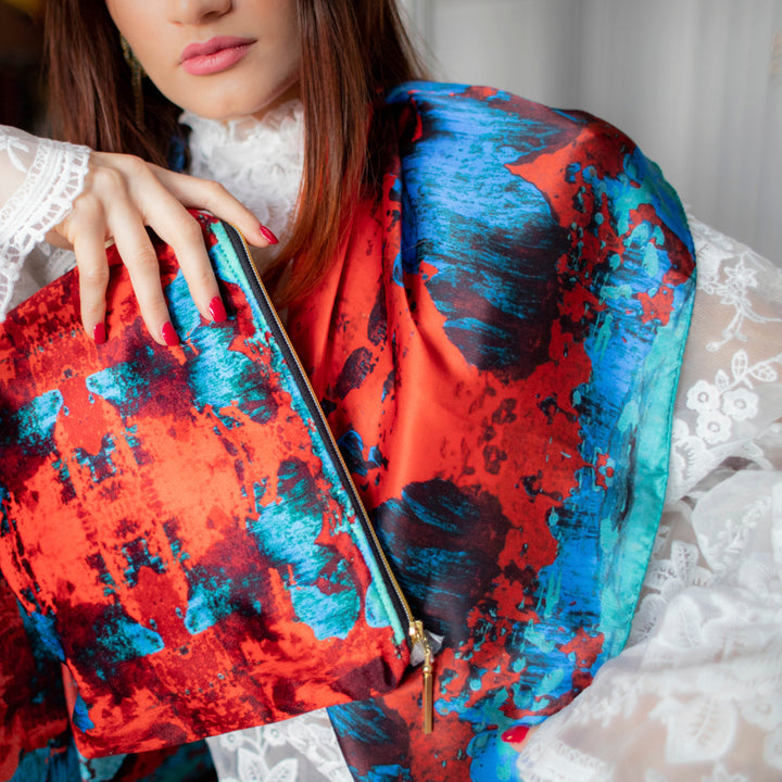 Red / Blue Geode Square Silk Satin Scarf