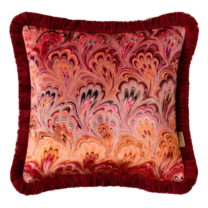 Ruched Blush Bouquet Marbled Velvet Small Square Cushion