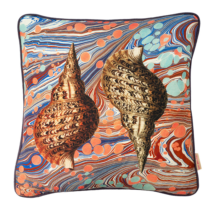 Sea Swirl Two Shells Linen Small Square Cushion