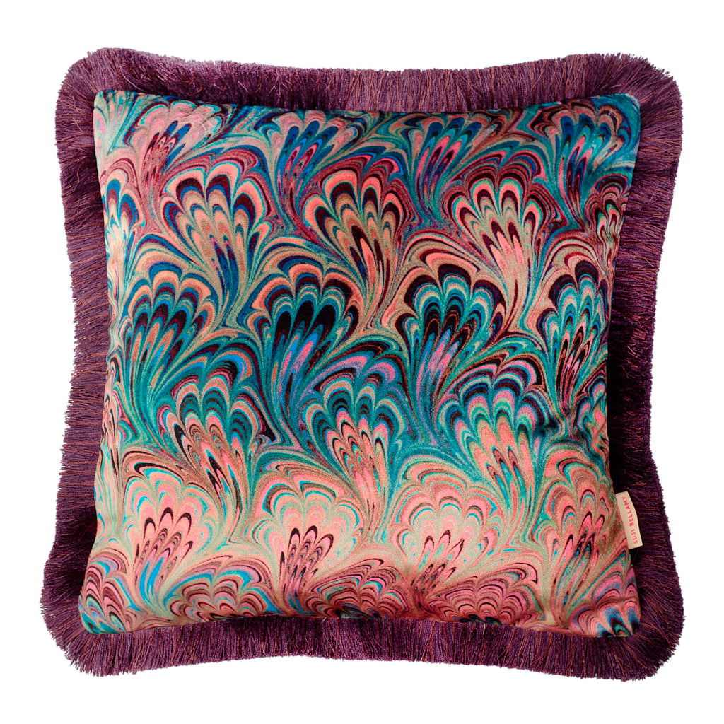 Ruched Teal Bouquet Marbled Velvet Small Square Cushion