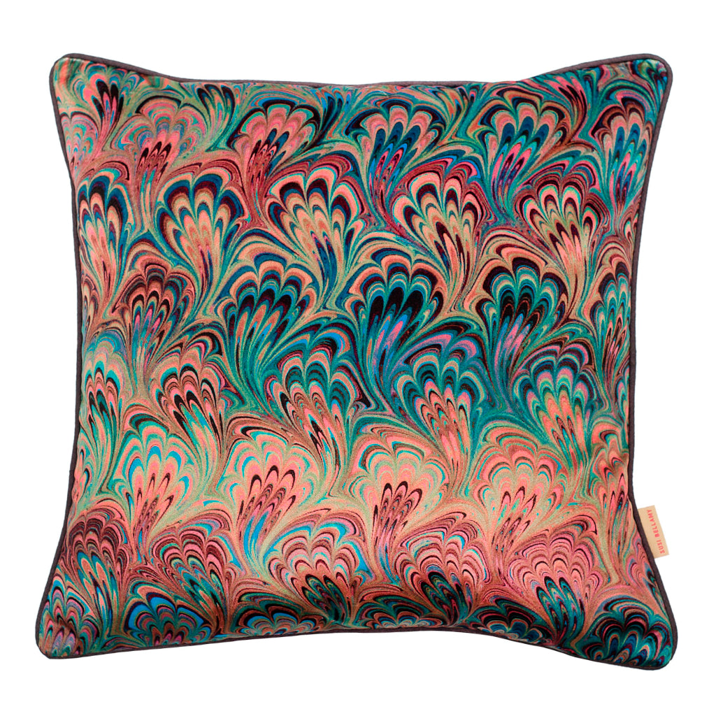 Teal Bouquet Marbled Velvet Square Cushion